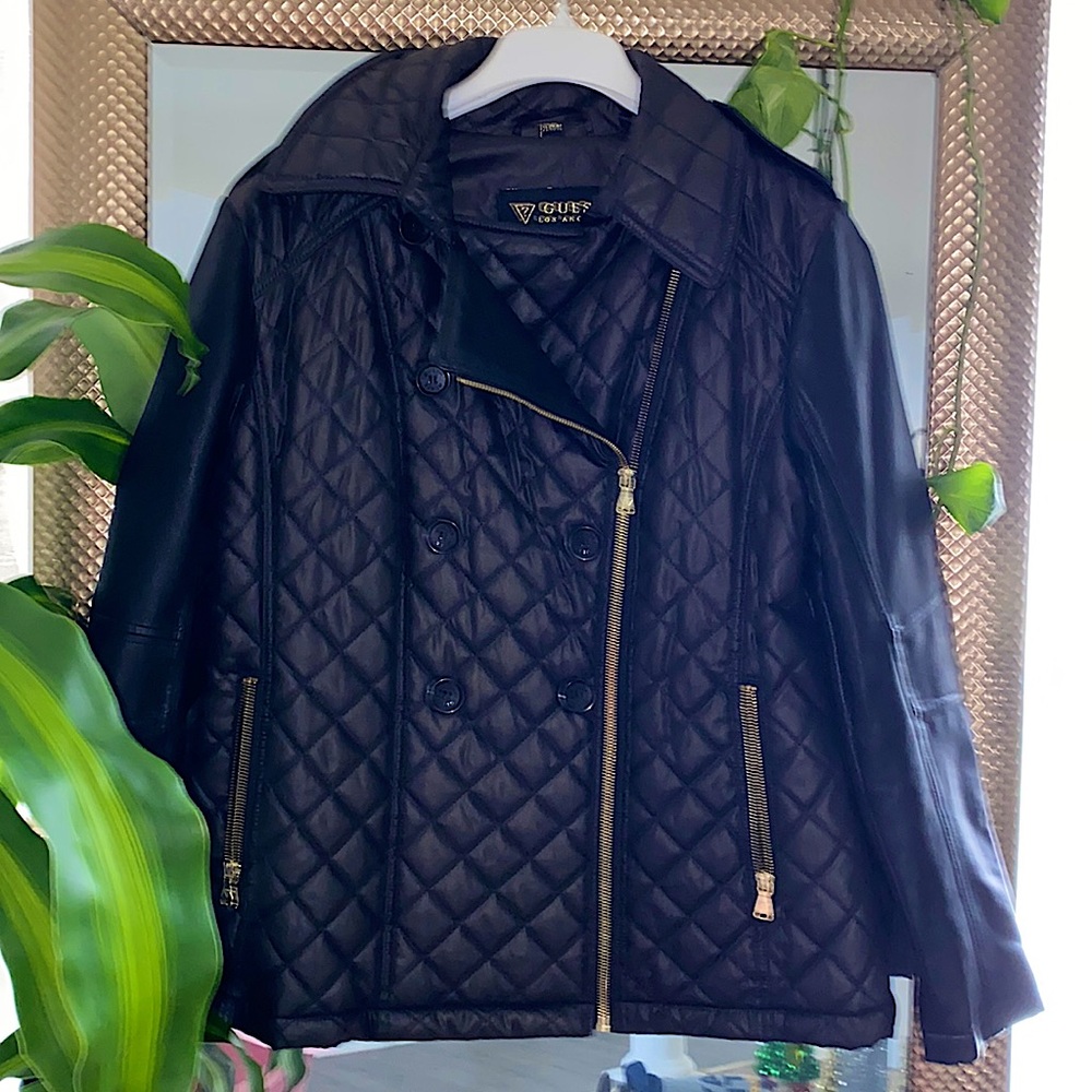 XL, Black Pleather, Guess Quilted Coat